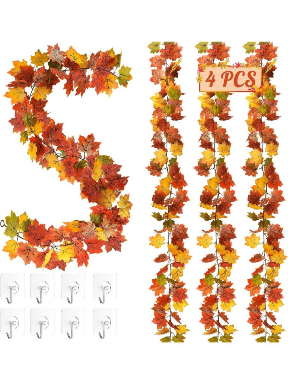 4-Pack 23.6FT Fall Leaf Garland - Autumn Decor for Thanksgiving & Weddings